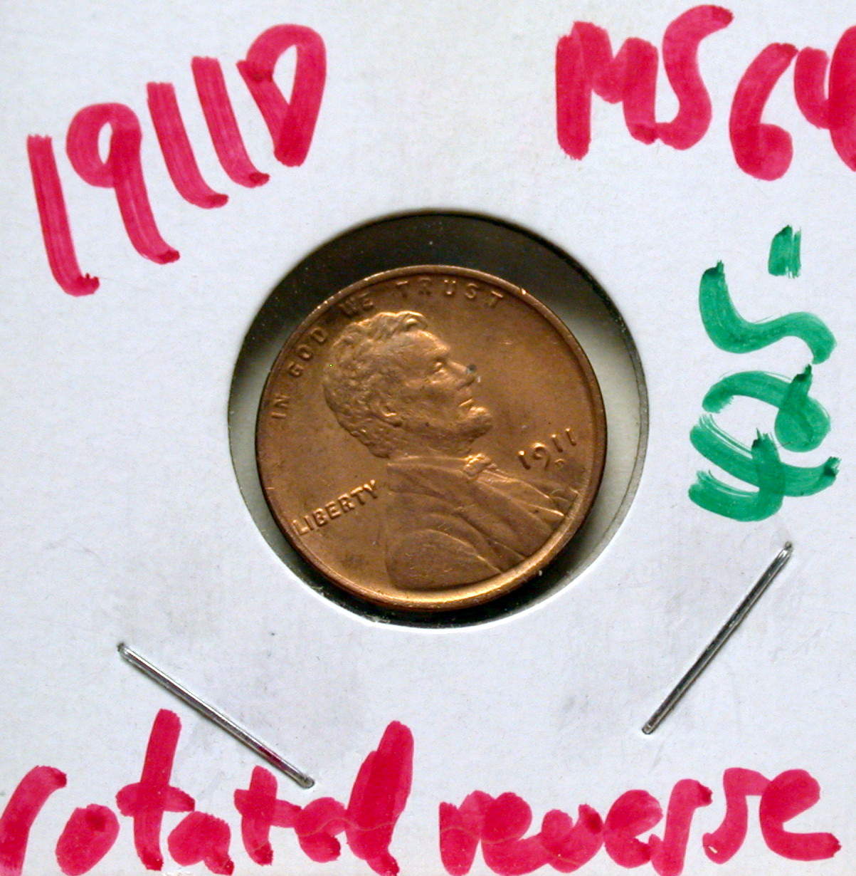1911 D 25% Rotated Reverse Lincoln Cent in Mint State! - Click Image to Close